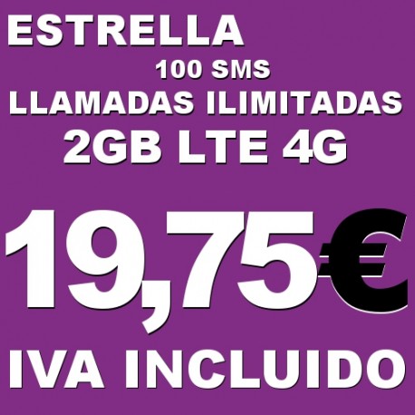 Llamadas de voz nacionales fijos y moviles ilimitadas, 2 GB internet 4G y 100 SMS Tarifa Estrella